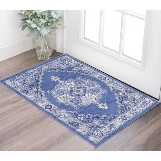 Ivory Navy Blue and Beige Floral Medallion Area Rug Photo 1
