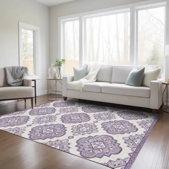 Lavender And Ivory Medallion Washable Indoor Outdoor Area Rug Photo 9