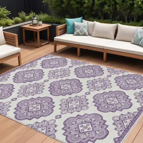 Lavender And Ivory Medallion Washable Indoor Outdoor Area Rug Photo 1