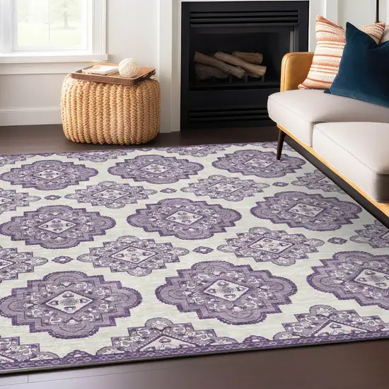 Lavender And Ivory Medallion Washable Indoor Outdoor Area Rug Photo 7