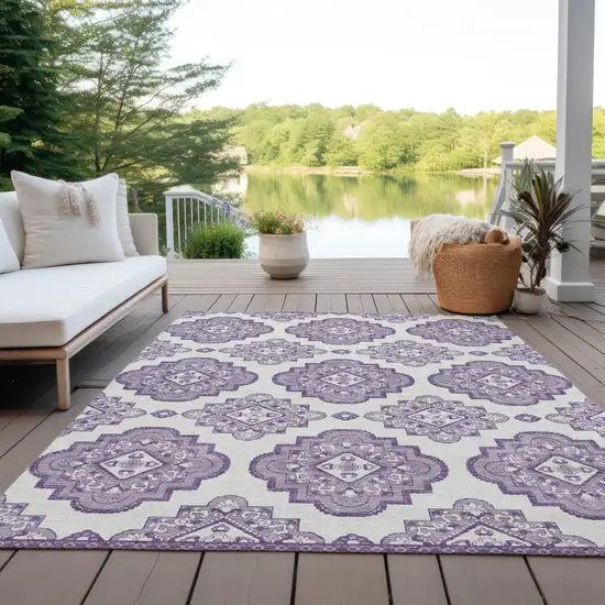 Lavender And Ivory Medallion Washable Indoor Outdoor Area Rug Photo 8