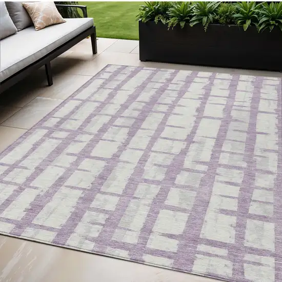 Lavender And Ivory Striped Washable Indoor Outdoor Area Rug Photo 1