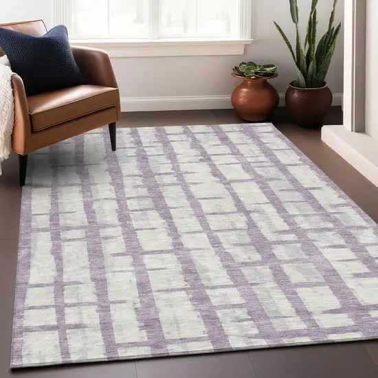 Lavender And Ivory Striped Washable Indoor Outdoor Area Rug Photo 9