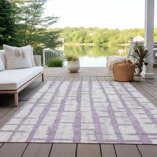 Lavender And Ivory Striped Washable Indoor Outdoor Area Rug Photo 8