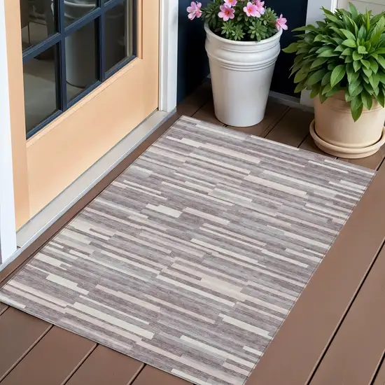 Lavender Gray And Ivory Striped Washable Indoor Outdoor Area Rug Photo 1