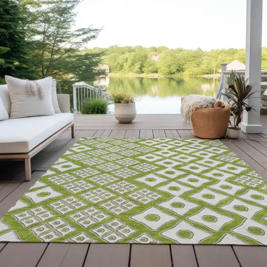 Lime Green And Ivory Geometric Washable Indoor Outdoor Area Rug Photo 9