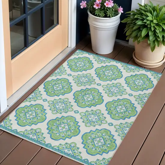 Lime Green And Ivory Medallion Washable Indoor Outdoor Area Rug Photo 1
