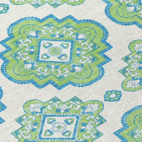 Lime Green And Ivory Medallion Washable Indoor Outdoor Area Rug Photo 5