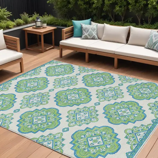 Lime Green And Ivory Medallion Washable Indoor Outdoor Area Rug Photo 1
