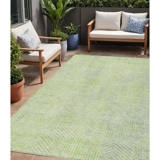Lime Green Gray And Ivory Geometric Washable Indoor Outdoor Area Rug Photo 1