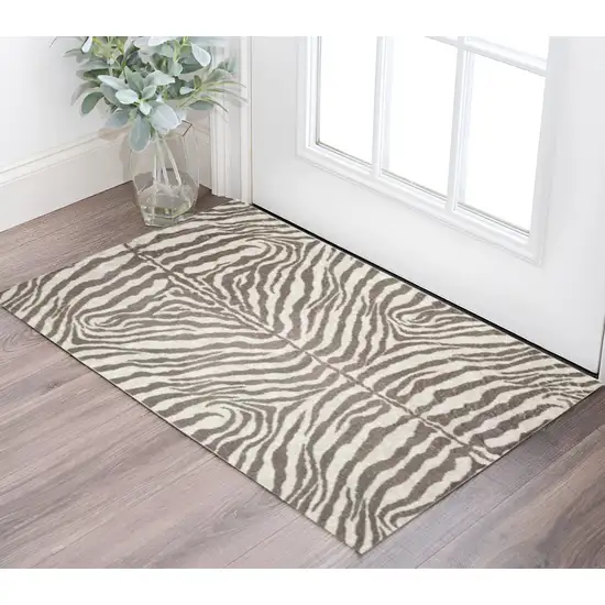 Mocha and Cream Zebra Print Shag Handmade Non Skid Area Rug Photo 1