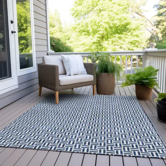 Navy Blue And Gray Geometric Washable Indoor Outdoor Area Rug Photo 6