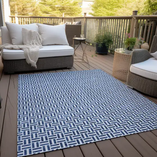 Navy Blue And Gray Geometric Washable Indoor Outdoor Area Rug Photo 9