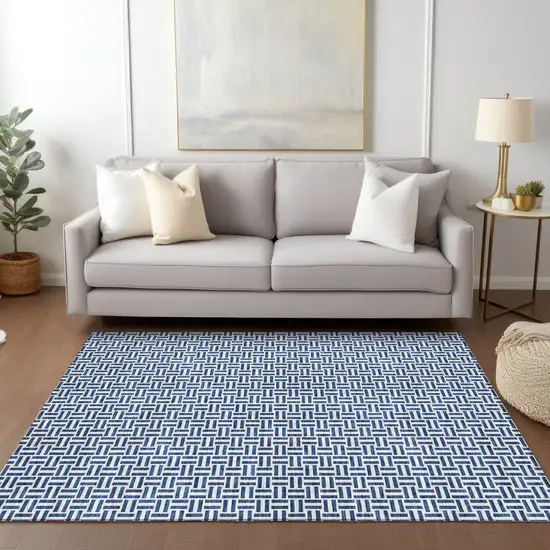 Navy Blue And Gray Geometric Washable Indoor Outdoor Area Rug Photo 8