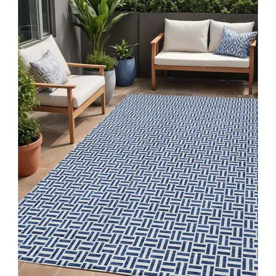Navy Blue And Gray Geometric Washable Indoor Outdoor Area Rug Photo 1