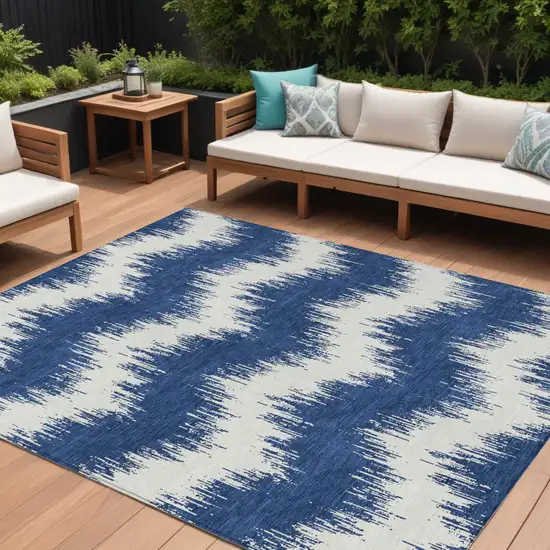 Navy Blue And Ivory Chevron Washable Indoor Outdoor Area Rug Photo 1