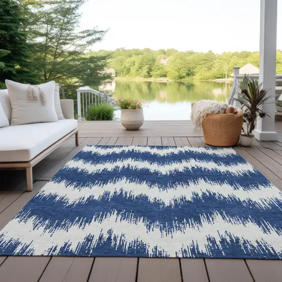 Navy Blue And Ivory Chevron Washable Indoor Outdoor Area Rug Photo 8