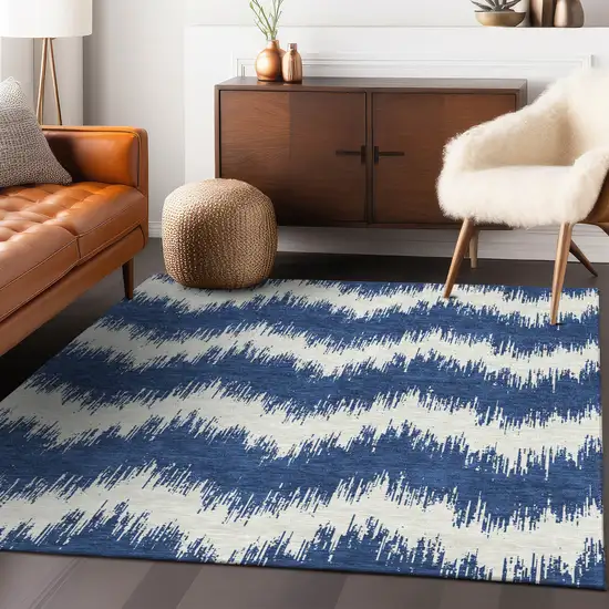 Navy Blue And Ivory Chevron Washable Indoor Outdoor Area Rug Photo 9