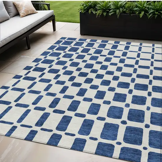 Navy Blue And Ivory Geometric Washable Indoor Outdoor Area Rug Photo 1
