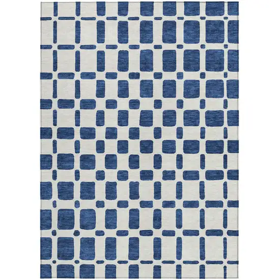 Navy Blue And Ivory Geometric Washable Indoor Outdoor Area Rug Photo 7