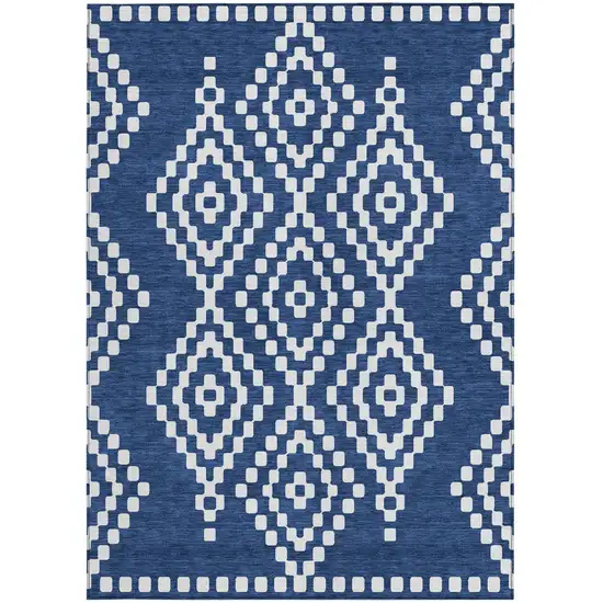 Navy Blue And Ivory Geometric Washable Indoor Outdoor Area Rug Photo 8