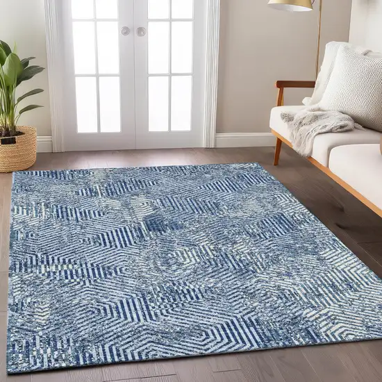 Navy Blue And Ivory Geometric Washable Indoor Outdoor Area Rug Photo 8