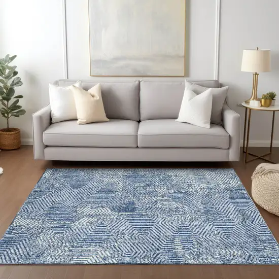 Navy Blue And Ivory Geometric Washable Indoor Outdoor Area Rug Photo 9