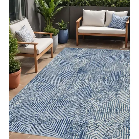 Navy Blue And Ivory Geometric Washable Indoor Outdoor Area Rug Photo 1