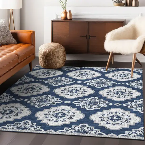 Navy Blue And Ivory Medallion Washable Indoor Outdoor Area Rug Photo 8