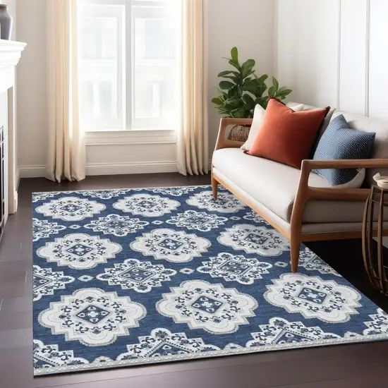 Navy Blue And Ivory Medallion Washable Indoor Outdoor Area Rug Photo 9