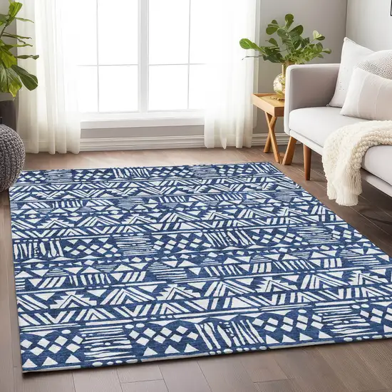 Navy Blue And Ivory Southwestern Washable Indoor Outdoor Area Rug Photo 8