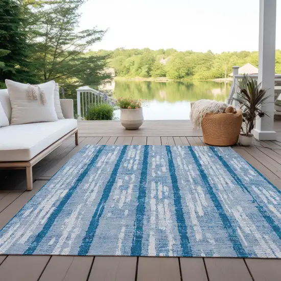Navy Blue And Ivory Striped Washable Indoor Outdoor Area Rug Photo 7