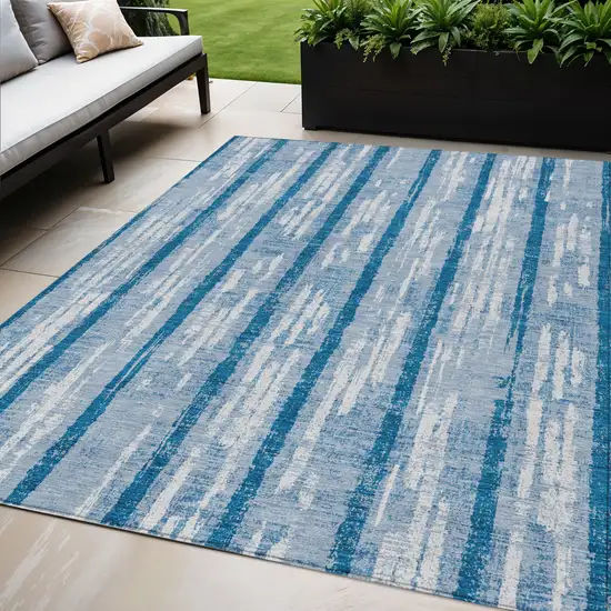Navy Blue And Ivory Striped Washable Indoor Outdoor Area Rug Photo 1