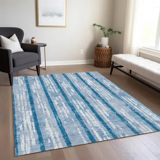 Navy Blue And Ivory Striped Washable Indoor Outdoor Area Rug Photo 9