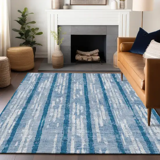 Navy Blue And Ivory Striped Washable Indoor Outdoor Area Rug Photo 9