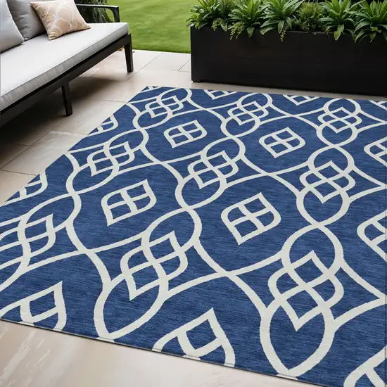 Navy Blue And Ivory Trellis Washable Indoor Outdoor Area Rug Photo 1