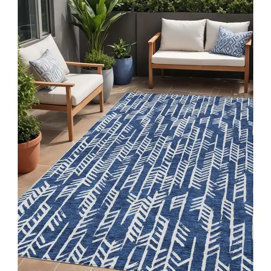 Navy Blue And Ivory Tribal Washable Indoor Outdoor Area Rug Photo 1