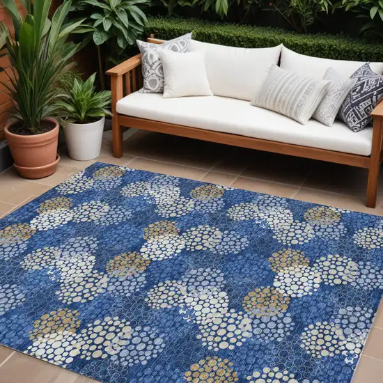 Navy Blue Brown And Ivory Polka Dot Washable Indoor Outdoor Area Rug Photo 1