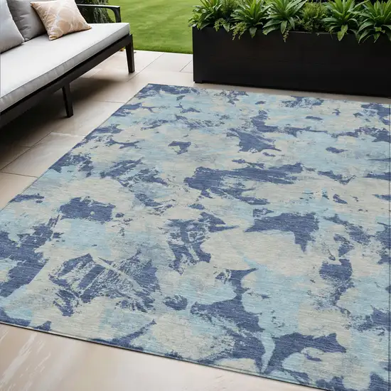 Navy Blue Gray And Aqua Floral Washable Indoor Outdoor Area Rug Photo 1