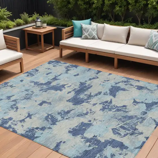 Navy Blue Gray And Aqua Floral Washable Indoor Outdoor Area Rug Photo 1