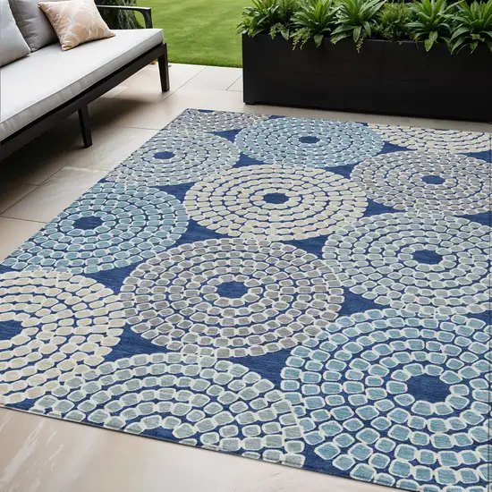 Navy Blue Gray And Aqua Geometric Washable Indoor Outdoor Area Rug Photo 1