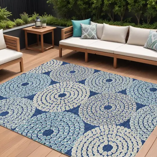 Navy Blue Gray And Aqua Geometric Washable Indoor Outdoor Area Rug Photo 1
