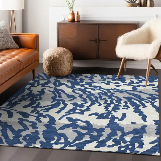 Navy Blue Gray And Ivory Animal Print Washable Indoor Outdoor Area Rug Photo 8