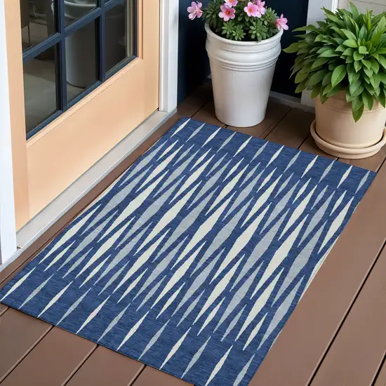 Navy Blue Gray And Ivory Geometric Washable Indoor Outdoor Area Rug Photo 1