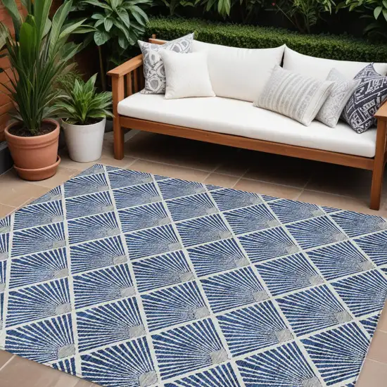 Navy Blue Gray And Ivory Geometric Washable Indoor Outdoor Area Rug Photo 1