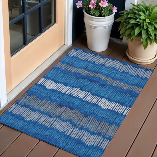 Navy Blue Gray And Ivory Striped Washable Indoor Outdoor Area Rug Photo 1