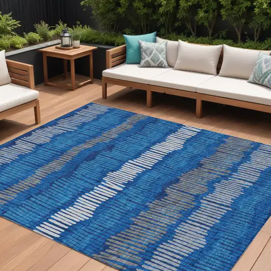 Navy Blue Gray And Ivory Striped Washable Indoor Outdoor Area Rug Photo 1