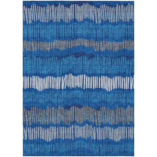 Navy Blue Gray And Ivory Striped Washable Indoor Outdoor Area Rug Photo 2