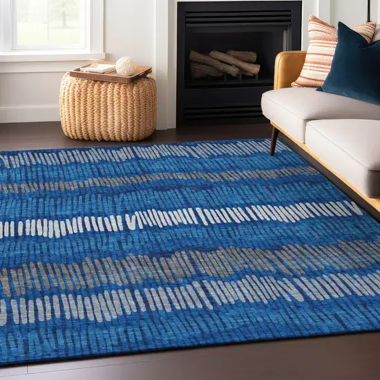 Navy Blue Gray And Ivory Striped Washable Indoor Outdoor Area Rug Photo 9