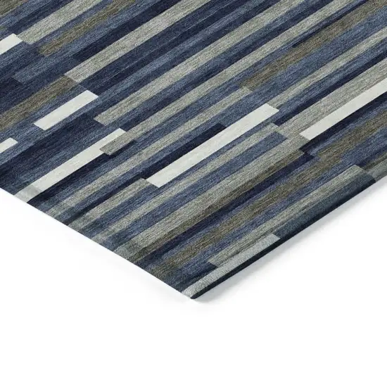 Navy Blue Gray And Ivory Striped Washable Indoor Outdoor Area Rug Photo 5